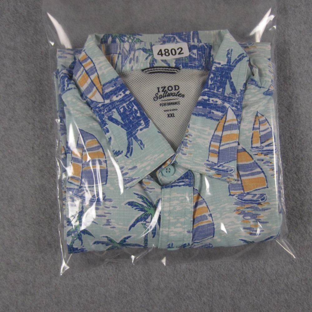 Izod Saltwater Performance Shirt XXL Blue Hawaiian Stretch Button Up Tropical - Picture 11 of 11